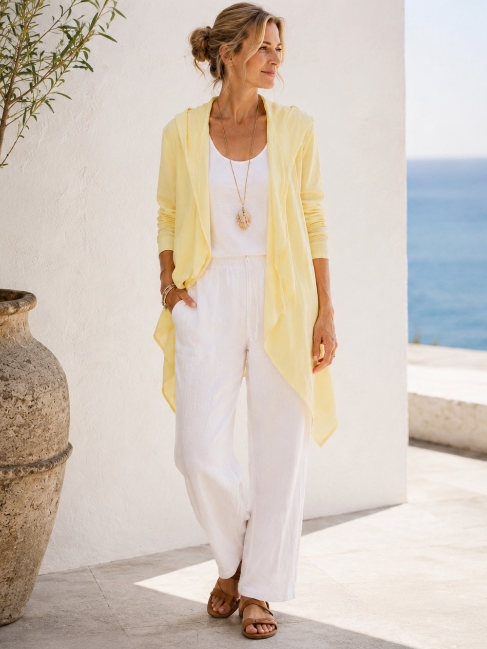 NAYA Mixed Linen Hooded Drape Cardigan Jacket Lemon Yellow Lagenlook
